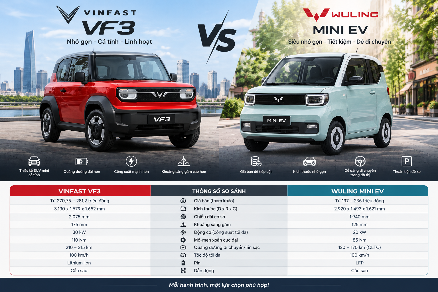 So sánh VinFast VF3 và Wuling Mini EV